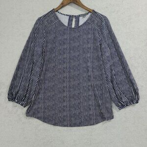 NEW Adrianna Papell Womens L Navy Striped Blouse Polyester/Elastane